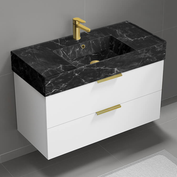 Nameeks DERIN908 Floating Bathroom Vanity With Black Marble Design Sink, Modern, 40 Inch, Glossy White